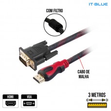 Cabo HDMI x VGA 3m Malha e Filtro LE-6619 It Blue
